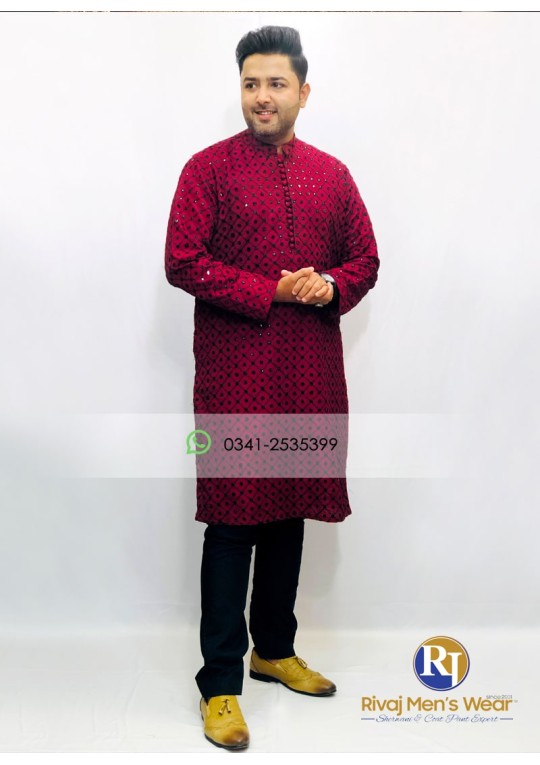 Maroon Raw Silk Mirror Work Embroidered Kurta