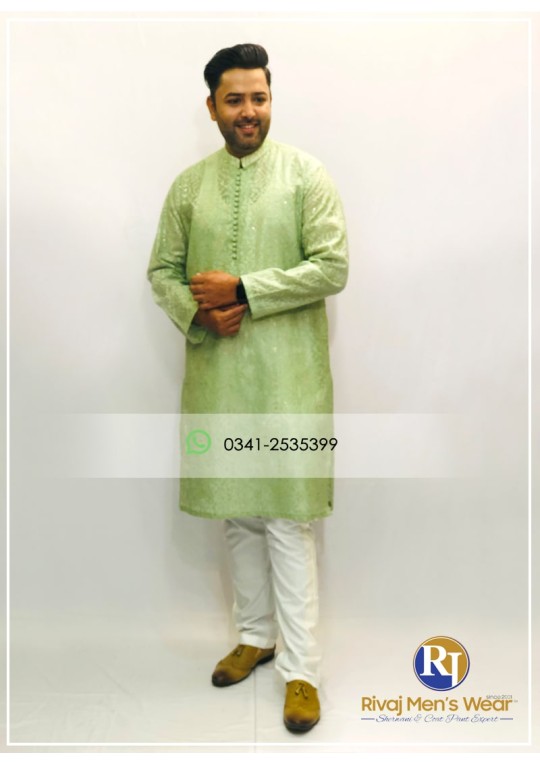 Light Green Soft Cotton Embroidered Kurta