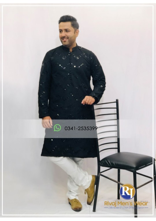 Black Raw Silk Mirror Work Kurta