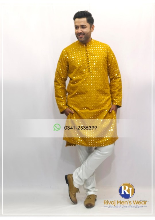 Mustard Raw Silk Mirror Work Kurta