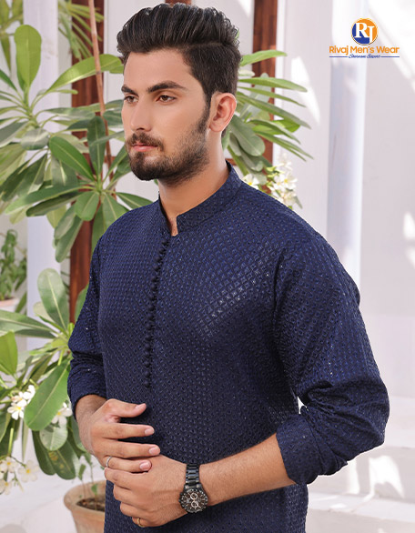 Navy Blue Embroidered Fancy Kurta