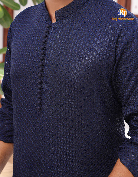 Navy Blue Embroidered Fancy Kurta