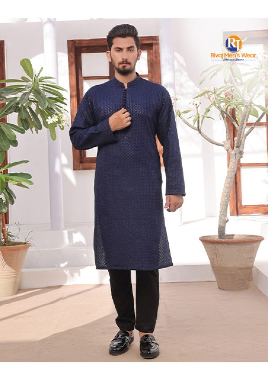 Navy Blue Embroidered Fancy Kurta