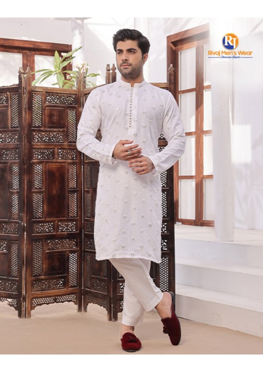 Silver Embroidered White Kurta