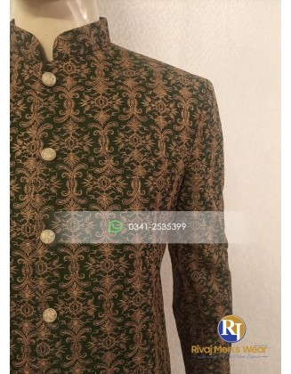 Green and Golden Supreme Embroidered Prince Coat