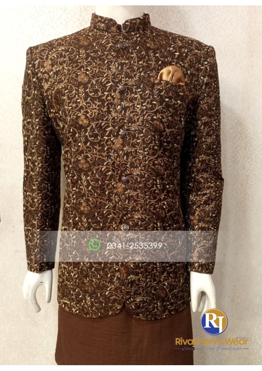 Dark Brown Embroidered Fabric Prince Coat