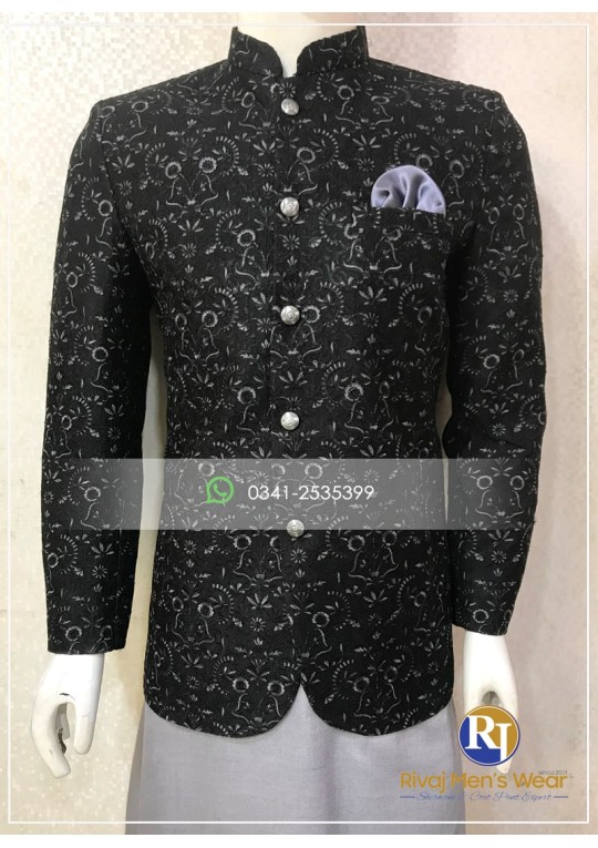 Black Embroidered Fabric Prince Coat