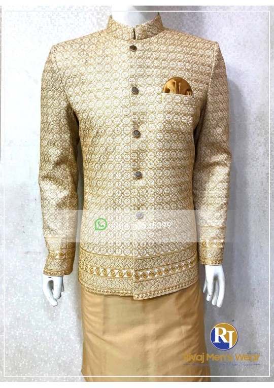 Cream and Gold Border Style Embroidered Prince Coat