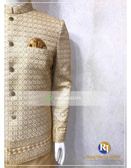 Cream and Gold Border Style Embroidered Prince Coat