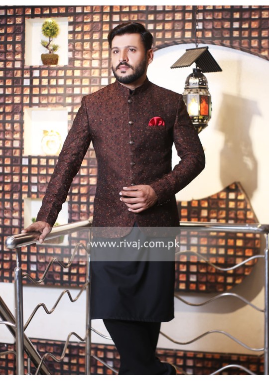 Brown Embroidered Fabric Prince Coat