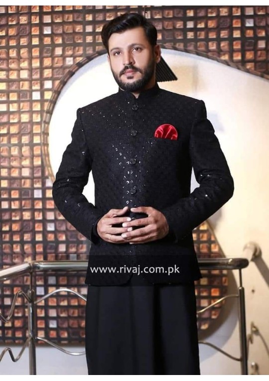 Black Embroidered Fabric Prince Coat