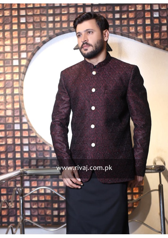 Maroon with Black Embroidered Fabric Prince Coat