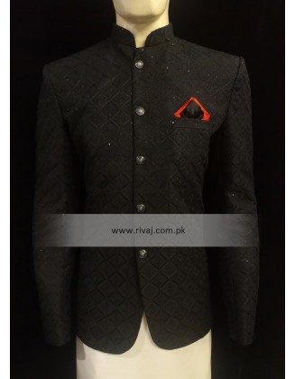 Black Embroidered Diamond Design Prince Coat