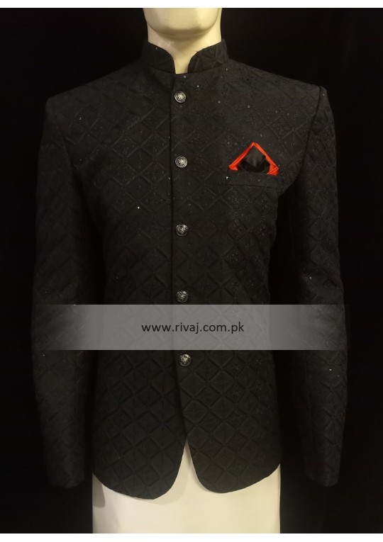 Black Embroidered Diamond Design Prince Coat