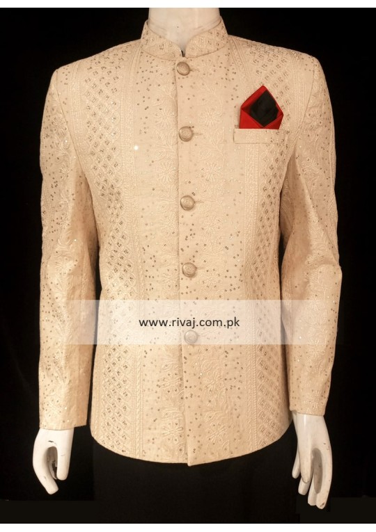 Light Gold Sequence Embroidered Prince Coat