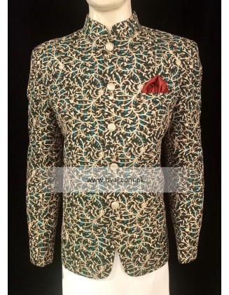Green Multi Color Embroidered Fabric Prince Coat