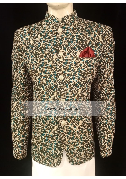 Green Multi Color Embroidered Fabric Prince Coat