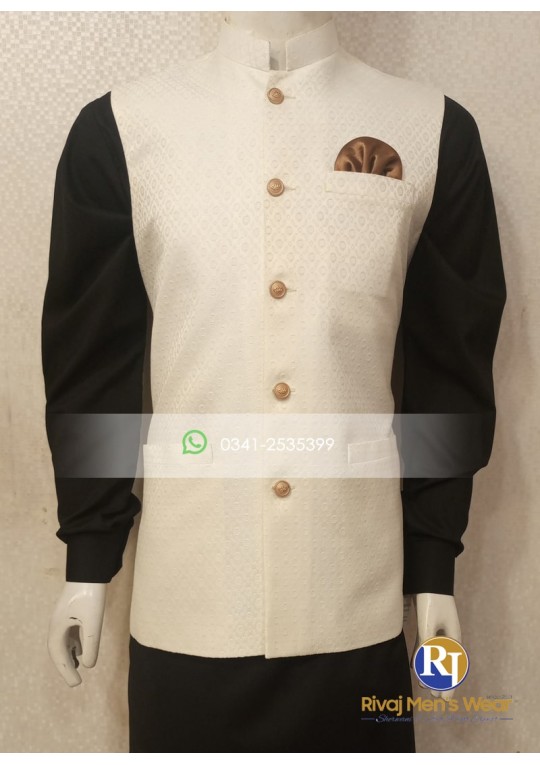 Offwhite Emboss Jamawar Waistcoat