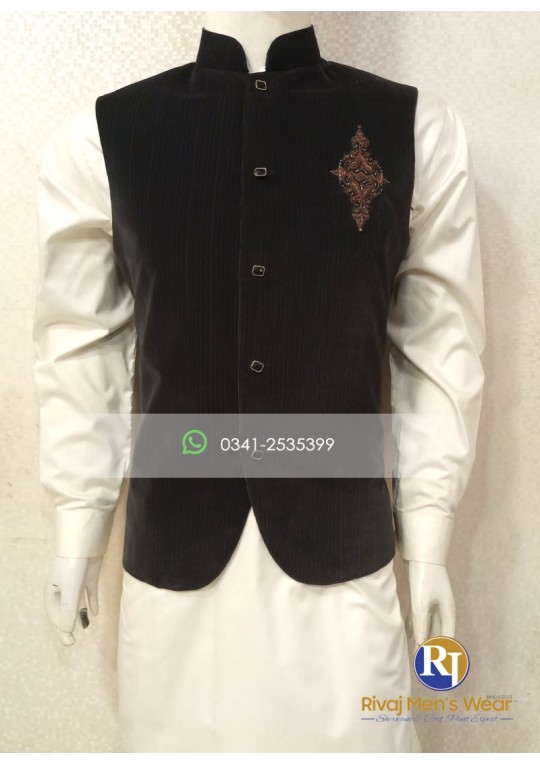 Black Velvet Copper Handwork Waistcoat