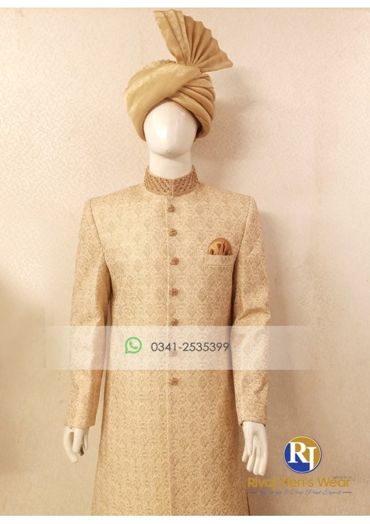 Light Fawn Galaxy Embroidered Fabric Handwork Sherwani