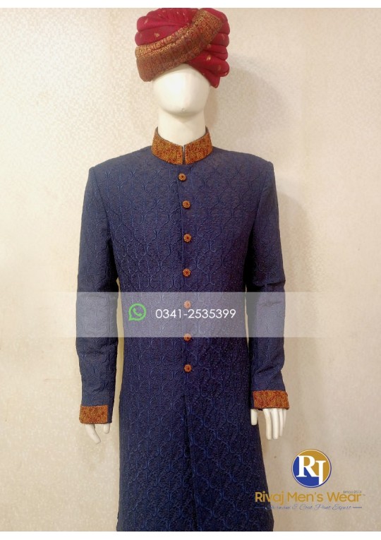 Navy Blue Embroidered Fabric Handwork Sherwani