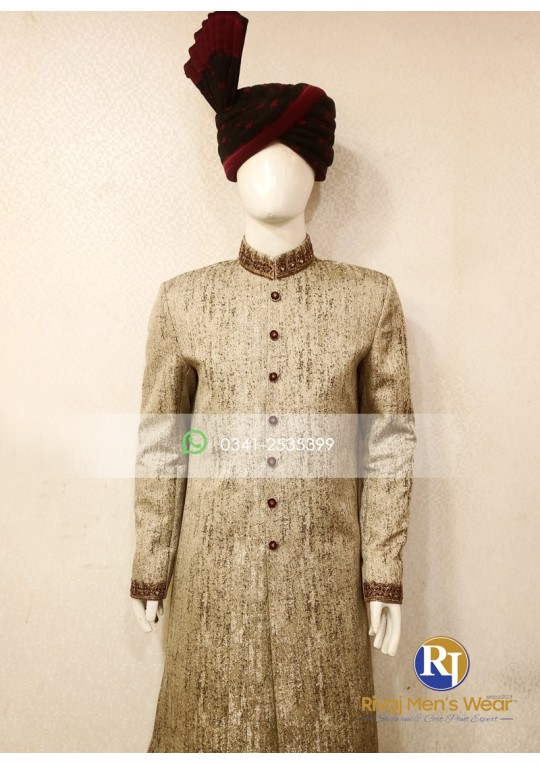 Fawn Brown Jacquard Handwork Sherwani 