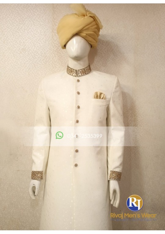 Off White Jacquard Handwork Sherwani