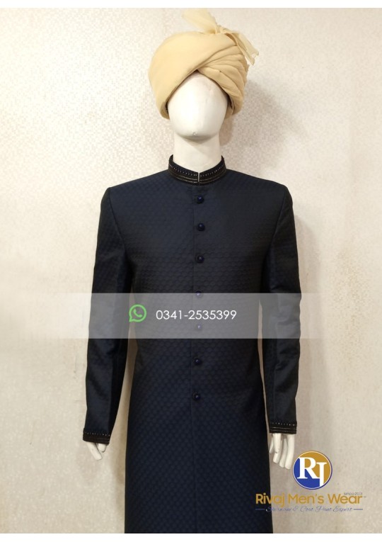 Navy Blue Jamawar Embossed Handwork Sherwani