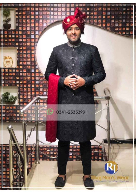 Black Galaxy Embroidered Handwork Sherwani