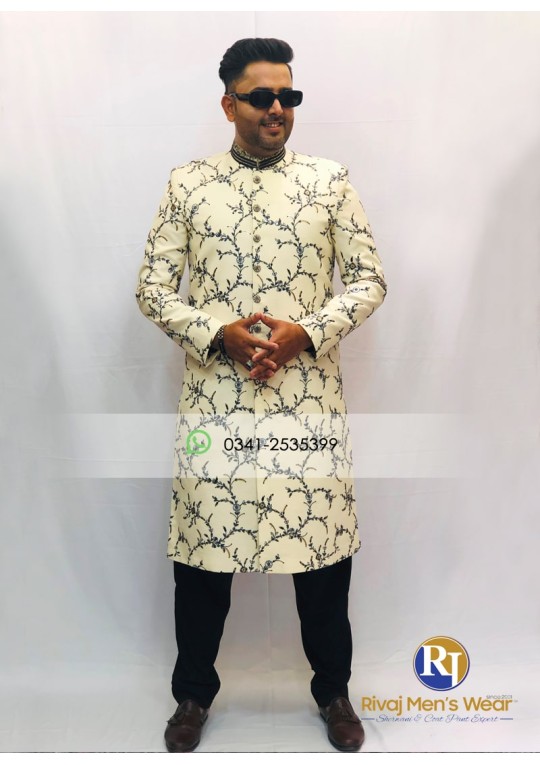 Cream Khaddar Embroidered Sherwani