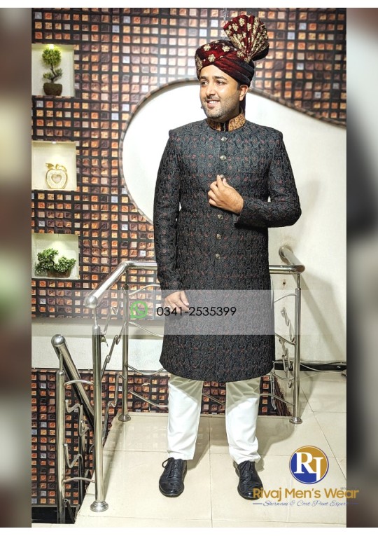 Black and Maroon Embroidered Fabric Handwork Sherwani