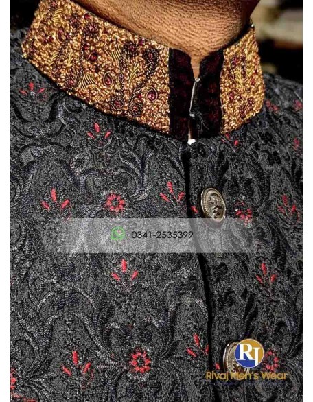 Black and Maroon Embroidered Fabric Handwork Sherwani