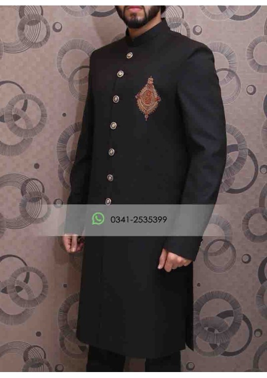 Black Suiting Handwork Motif Sherwani