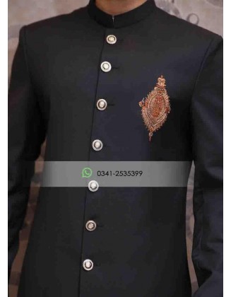 Black Suiting Handwork Motif Sherwani