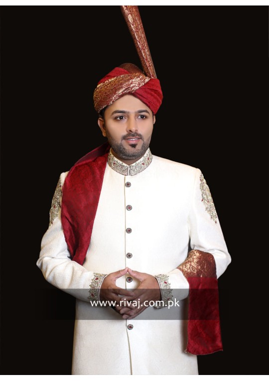 Off White Jamawar Handwork Sherwani