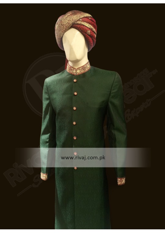 Green Jamawar Handwork Sherwani