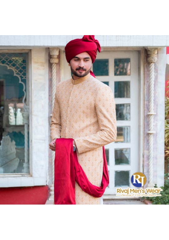 Fawn Embroidered Handwork Sherwani