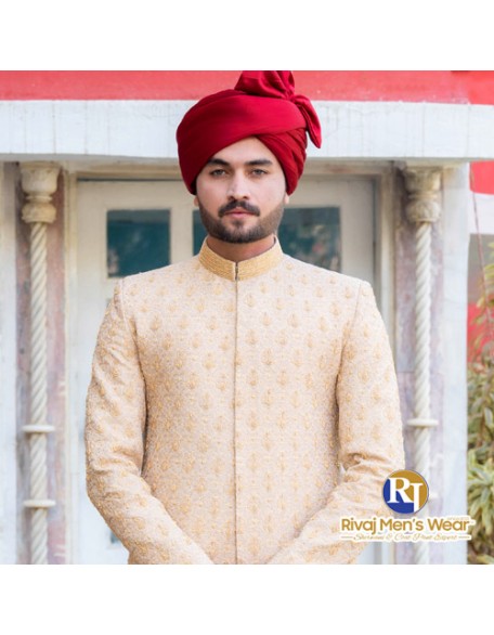 Fawn Embroidered Handwork Sherwani