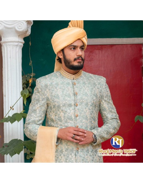 Light Green Floral Pattern Sherwani