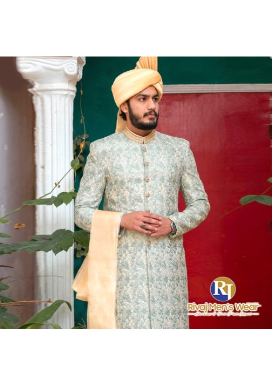 Light Green Floral Pattern Sherwani