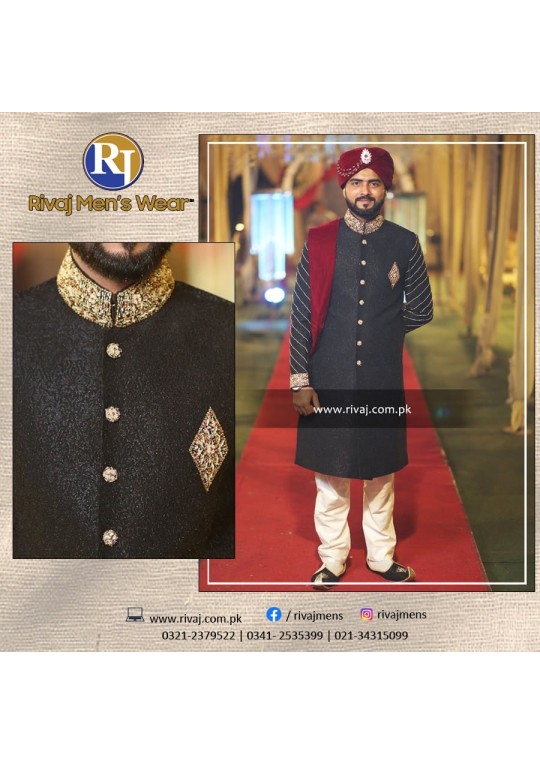 Black Embroidered Fabric Handwork Sherwani