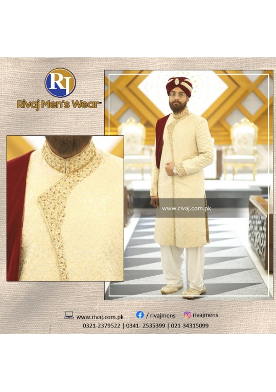 Cream Embroidered Fabric Handwork Sherwani