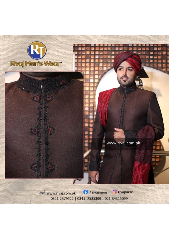 Chocolate Brown Jamawar Handwork Sherwani