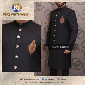 Black Suiting Handwork Motif Sherwani