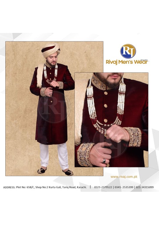 Maroon Velvet Handwork Embroidery Sherwani