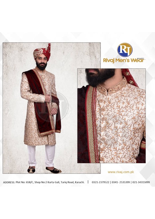 Light Fawn Galaxy Handwork Embroidered Sherwani