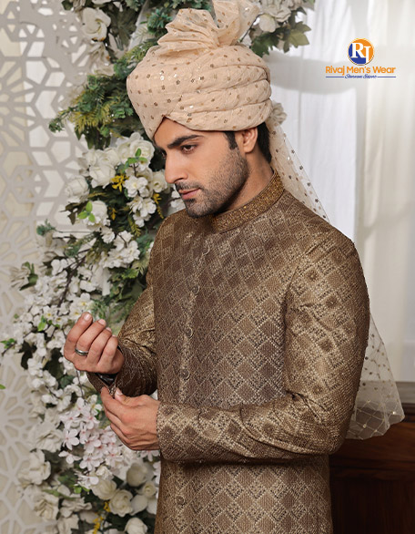 Golden Threads Embellished Brown Sherwani