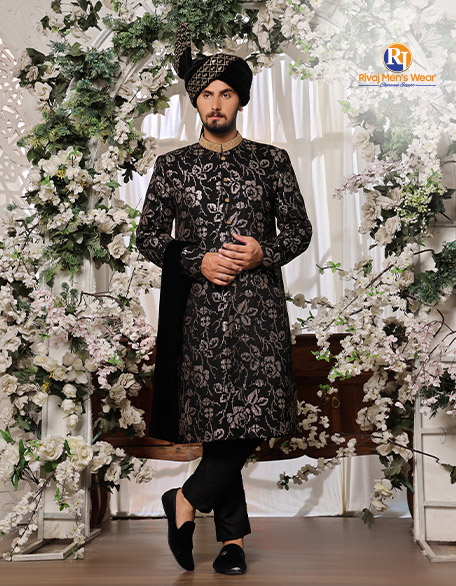 3D Ebony Floral Sherwani