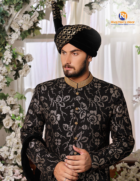 3D Ebony Floral Sherwani