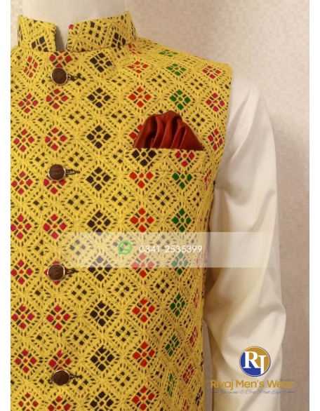 Yellow Embroidered Multi Color Fabric Waistcoat